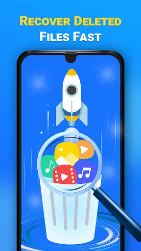 Deleted file recovery illustration featuring rocket launching from trash bin with music, video, and photo icons inside