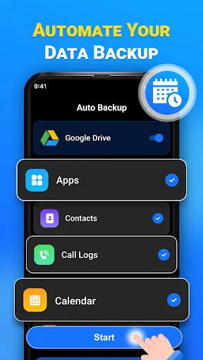 Auto backup setup interface with Google Drive integration and checkboxes to select apps, contacts, call logs, and calendar