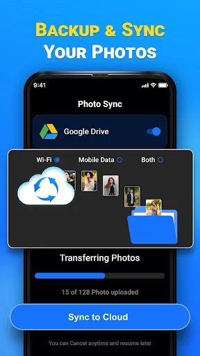 Photo sync progress screen showing 15 of 128 photos uploading to Google Drive with WiFi, Mobile Data, and Both connection options