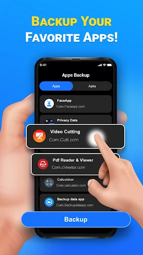 Apps backup interface on smartphone displaying FaceApp, Video Cutting, PDF Reader & Viewer, Calculator, and Backup data app selections