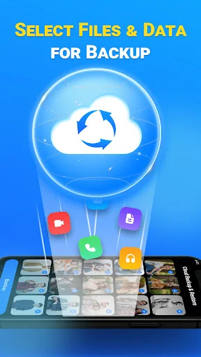 Cloud data backup selection illustration with sync icon sphere surrounded by image, document, video, and file type icons