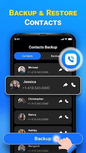Contacts backup interface showing contact list with Michael, Jessica, Christopher, Nancy, Ashley, and Margaret with backup options