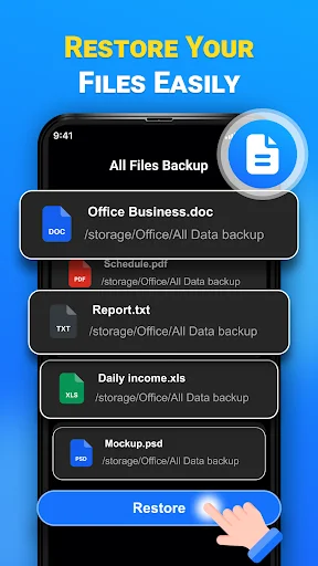 Cloud Backup app restore screen displaying backed-up files including Office documents, PDFs, spreadsheets with restore progress and button