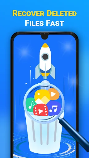 Phone illustration showing deleted file recovery with rocket icon and trash bin containing photos, videos, music for data recovery