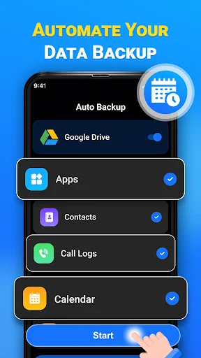 Auto Backup settings screen with Google Drive integration toggle and checked options for Apps, Contacts, Call Logs, Calendar backup