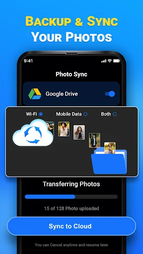 Photo Sync interface showing Google Drive connection, Wi-Fi and Mobile Data options, photo transfer progress bar, and sync to cloud button