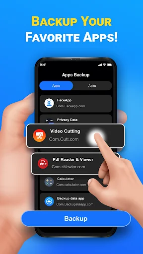 Apps Backup screen listing installed applications including FaceApp, Video Cutting, PDF Reader with checkbox selection and backup button