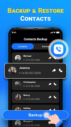 Contacts Backup screen displaying contact list with profile photos, phone numbers, and backup and call action buttons for each contact