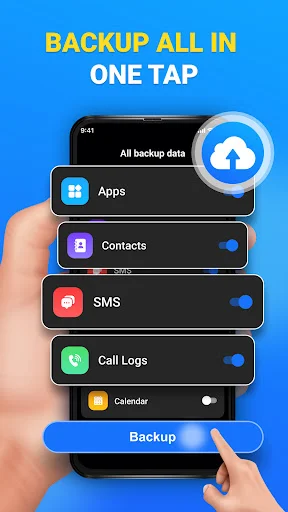 Cloud backup app interface showing one-tap backup options with toggles for apps, contacts, SMS, call logs, and calendar data