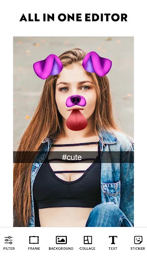 Photo editor with stickers and filters showing dog face effect and hashtag cute text overlay on portrait