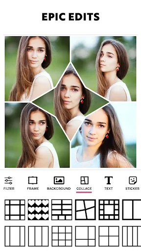 Epic photo collage editor with five portraits in geometric shapes and multiple grid layout templates
