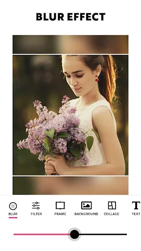 Photo blur tool interface showing portrait with lilac flowers and adjustable background blur slider