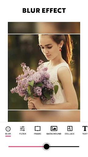 Blur effect photo editor with purple flower portrait and adjustment slider for background blur control