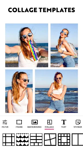 Collage template gallery displaying four beach photos in grid layout with various frame pattern options