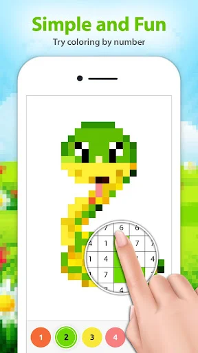 Green pixel art dinosaur with number color selector wheel and colored buttons for finger-tapping painting gameplay