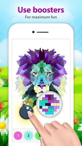 Colorful pixel art lion face with purple and cyan colors, number wheel selector, and finger interaction for painting
