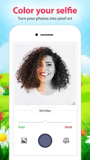 Photo to pixel art converter showing woman's portrait at 50x50px resolution with Easy and Hard difficulty painting options