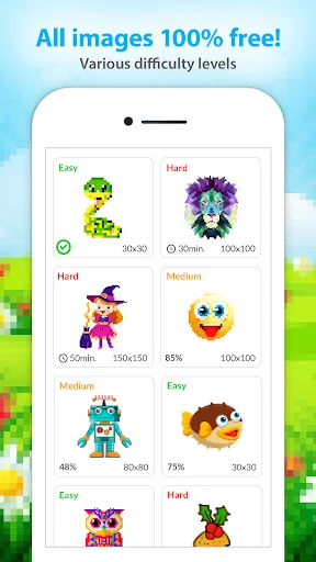 All images 100% free color by number gallery with Easy, Medium, and Hard pixel art difficulty levels