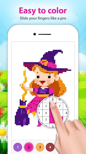 Easy swipe-to-color pixel art painting showing witch with numbered color palette interaction wheel