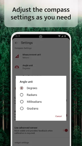 Compass app settings screen showing angle unit options: Degrees, Radians, Milliradians, and Gradians