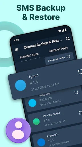 SMS backup and restore app showing installed apps list with Tgram, Messenger, MessagingApp and Facebook