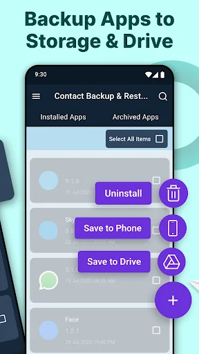 Backup apps to storage interface with uninstall, save to phone and save to drive options for archived apps