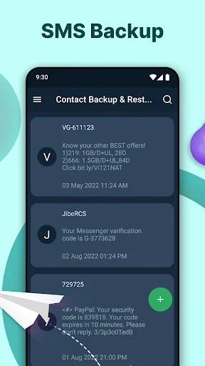 SMS backup screen displaying text messages from VG-611123, JhaoCS and 72972 with verification codes