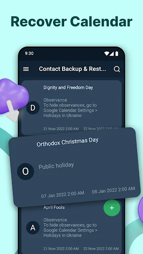 Recover calendar screen showing saved events like Dignity and Freedom Day, Orthodox Christmas Day and April Fools