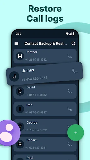 Restore call logs interface displaying contact list with phone numbers for Mother, James, David, Iren and George