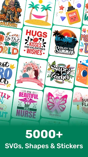 Collection showcase displaying 5000+ SVG designs, shapes, and stickers for cut machine crafts and projects