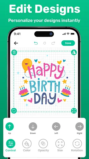 Edit Designs screen with personalization tools for adjusting position, color, opacity, size and rotation