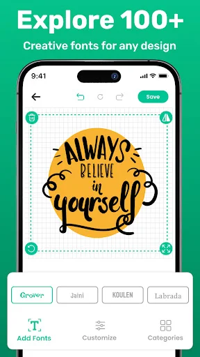 Explore 100+ Creative Fonts screen showing typography options like Grower, Jaimi, KODLEN and Labrada