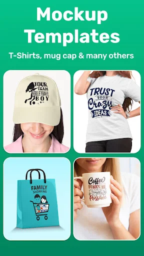 Mockup Templates displaying product previews including baseball cap, t-shirt, tote bag and mug designs