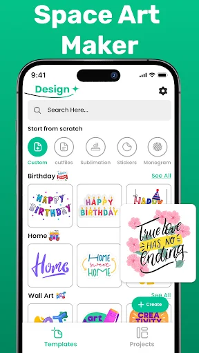 Craft Space app home interface with design categories including Birthday, Home, and Wall Art with customizable templates