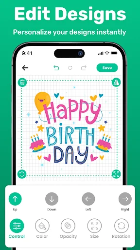 Design editor screen showing Happy Birthday graphic with editing tools for control, color, opacity, size and rotation