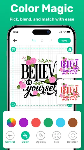 Color Magic editor featuring color palette selector with multiple color options and design customization controls