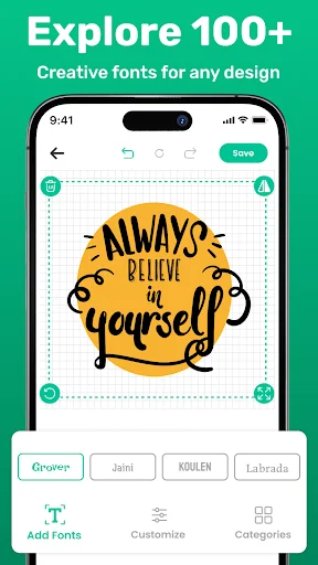 Font explorer interface displaying 100+ creative fonts including Grower, Jaimi, Kdulen and Labrada for text design