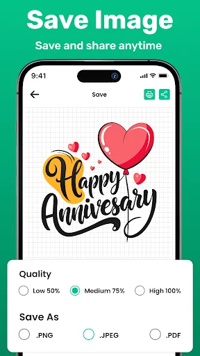 Save image dialog with quality settings (Low 50%, Medium 75%, High 100%) and file format options (PNG, JPEG, PDF)