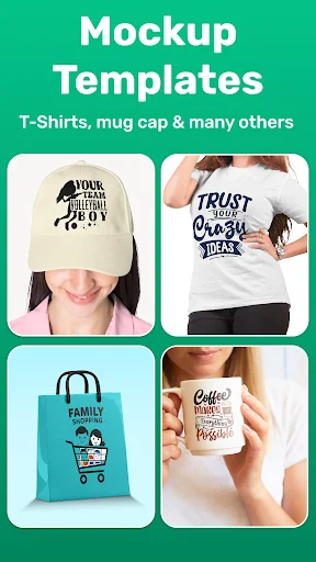 Mockup template gallery showing design previews on products including t-shirts, caps, bags and mugs for visualization