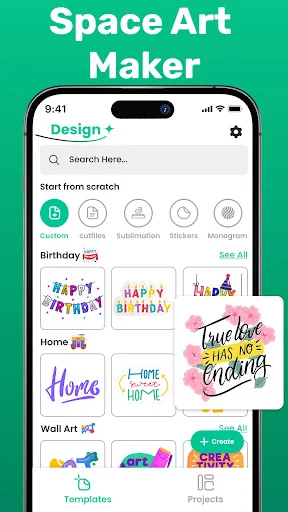 Space Art Maker app interface showing design templates organized by category like Birthday and Home