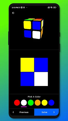 Manual color input interface with 3D cube preview and color selection palette for puzzle solving