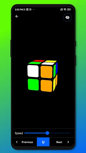3D cube solver view showing rotation moves with speed control and Previous/Next navigation