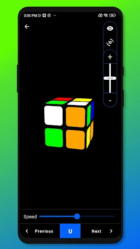 Cube solving interface with 3D model, zoom controls, speed adjustment, and step navigation