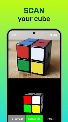 Scan your cube feature showing a mobile phone camera view of a real 2x2 Rubik's cube with detected cube representation and Capture button