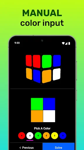 Manual color input interface displaying a 3D cube model with interactive color picker buttons for puzzle setup and solving