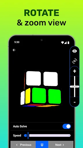 Rotate and zoom interactive 3D view of a 2x2 cube with control panel buttons, auto solve toggle, and speed adjustment options