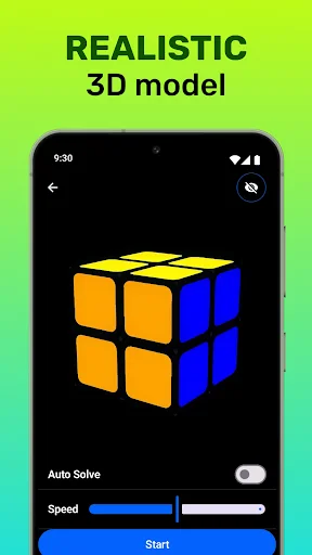 Realistic 3D model rendering of a 2x2 Rubik's cube with auto solve toggle and Start button to begin the puzzle solver