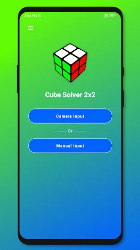 Cube Solver 2x2 main menu with puzzle icon and Camera Input and Manual Input selection buttons