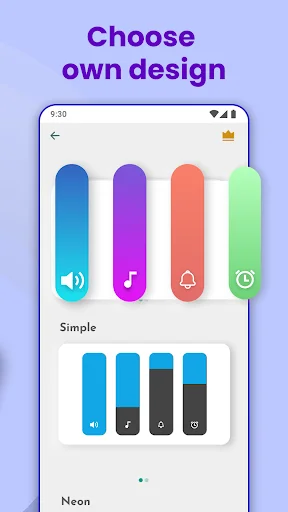 Colorful gradient volume sliders in blue, purple, coral, and green with design selection interface