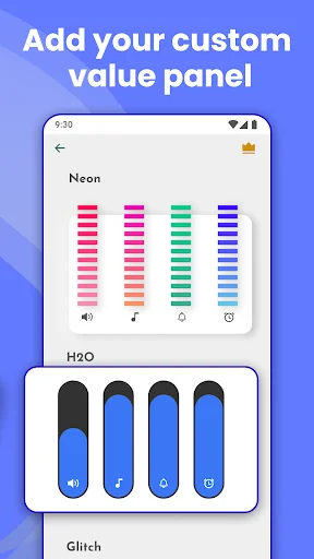 Custom volume panel designs showing Neon, H2O, and Glitch style themes with unique slider layouts